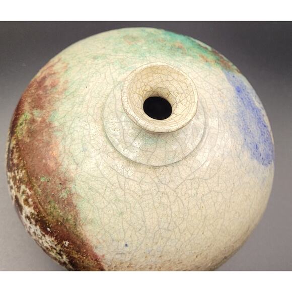 Art Pottery Art Splash Raku Crackle Glaze Ceam bronze purple green vase - Picture 5 of 9